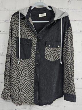 Checkered Hooded Denim Jacket Hooded Shirt Mens S Grunge Street The Post Black